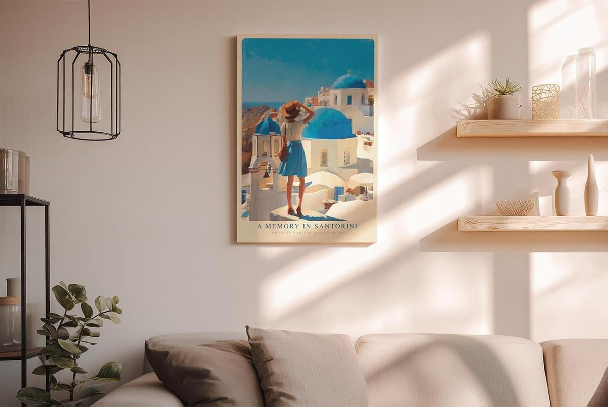 Paul Sinus Wandbild in 40x60cm A Memory in Santorini – Frau in blauem Rock und Strohhut vor weißen Häusern und blauen Kuppeln, sonnige Mittelmeeridylle