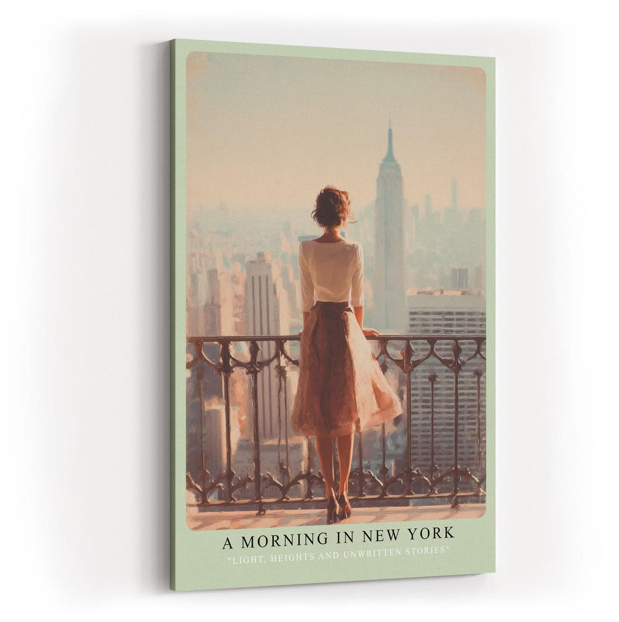 Paul Sinus Wandbild in 40x60cm A Morning in New York – Frau auf Balkon mit Blick auf Empire State Building, stimmungsvolles Stadtmotiv im Morgenlicht