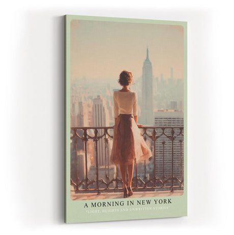 Paul Sinus Wandbild in 40x60cm A Morning in New York – Frau auf Balkon mit Blick auf Empire State Building, stimmungsvolles Stadtmotiv im Morgenlicht