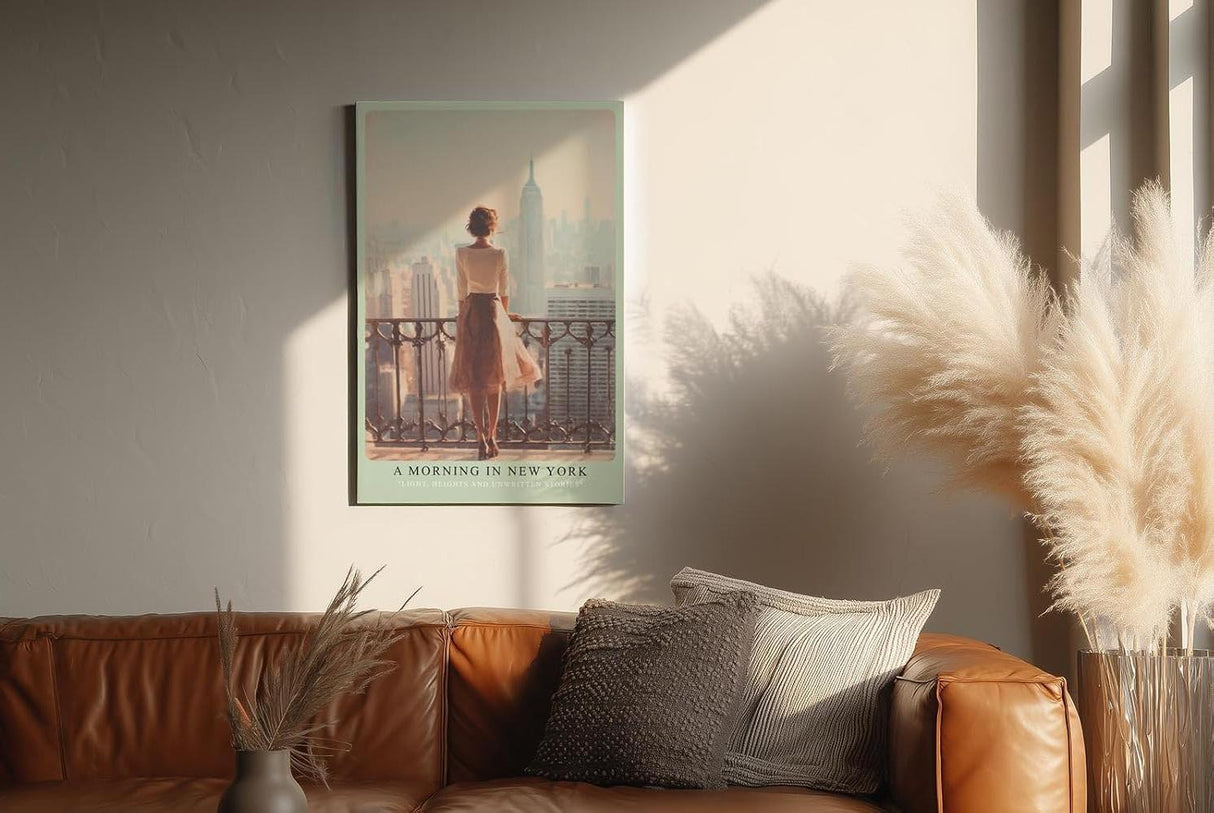 Paul Sinus Wandbild in 40x60cm A Morning in New York – Frau auf Balkon mit Blick auf Empire State Building, stimmungsvolles Stadtmotiv im Morgenlicht
