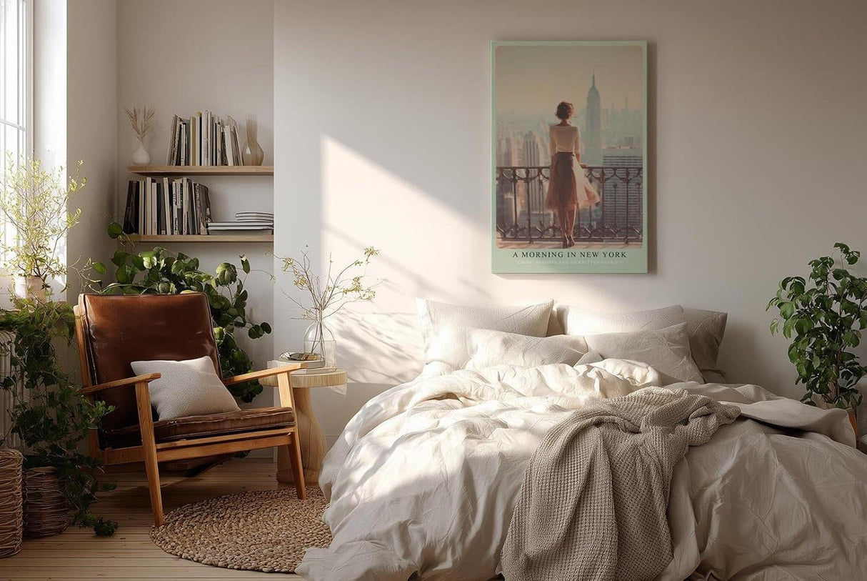 Paul Sinus Wandbild in 40x60cm A Morning in New York – Frau auf Balkon mit Blick auf Empire State Building, stimmungsvolles Stadtmotiv im Morgenlicht