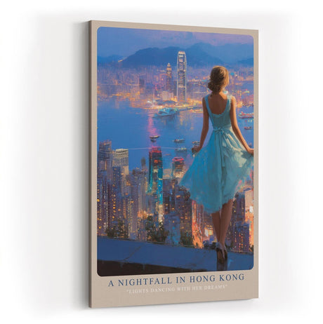 Paul Sinus Wandbild in 40x60cm A Nightfall in Hong Kong – Blick auf die funkelnde Skyline bei Nacht, elegante Frau im blauen Kleid, romantisches Stadtmotiv