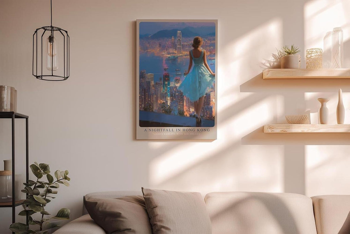 Paul Sinus Wandbild in 40x60cm A Nightfall in Hong Kong – Blick auf die funkelnde Skyline bei Nacht, elegante Frau im blauen Kleid, romantisches Stadtmotiv