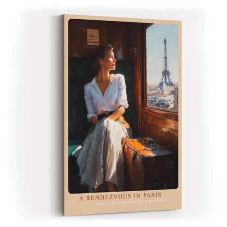 Paul Sinus Wandbild in 40x60cm A Rendezvous in Paris – Frau im Zug mit Blick auf den Eiffelturm, romantische Stadtszene im warmen Licht