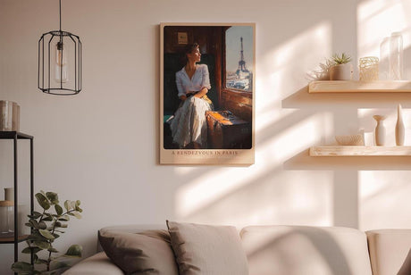 Paul Sinus Wandbild in 40x60cm A Rendezvous in Paris – Frau im Zug mit Blick auf den Eiffelturm, romantische Stadtszene im warmen Licht