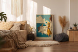Paul Sinus Wandbild in 40x60cm A Summer in Santorini – Frau im gelben Kleid vor weiß-blauen Kuppeln und Meerblick, mediterranes Urlaubsflair