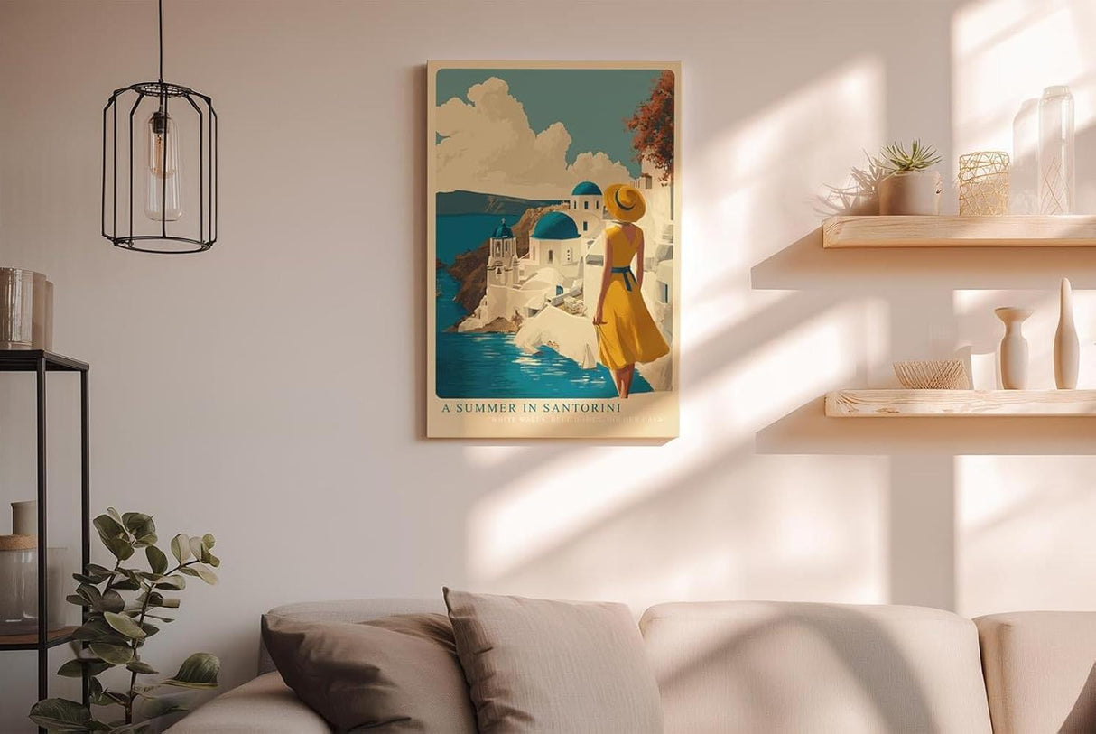 Paul Sinus Wandbild in 40x60cm A Summer in Santorini – Frau im gelben Kleid vor weiß-blauen Kuppeln und Meerblick, mediterranes Urlaubsflair