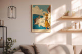 Paul Sinus Wandbild in 40x60cm A Summer in Santorini – Frau im gelben Kleid vor weiß-blauen Kuppeln und Meerblick, mediterranes Urlaubsflair