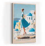 Paul Sinus Wandbild in 40x60cm A Walk in Santorini – Frau im blauen Kleid vor weißen Häusern und blauen Kuppeln, mediterrane Idylle