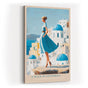 Paul Sinus Wandbild in 40x60cm A Walk in Santorini – Frau im blauen Kleid vor weißen Häusern und blauen Kuppeln, mediterrane Idylle