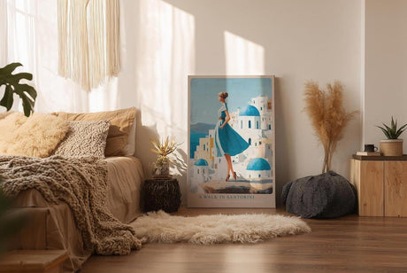 Paul Sinus Wandbild in 40x60cm A Walk in Santorini – Frau im blauen Kleid vor weißen Häusern und blauen Kuppeln, mediterrane Idylle