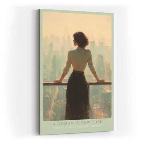 Paul Sinus Wandbild in 40x60cm A Woman in New York – Frau mit Blick auf Skyline im sanften Licht, elegantes Stadtmotiv mit nachdenklicher Stimmung