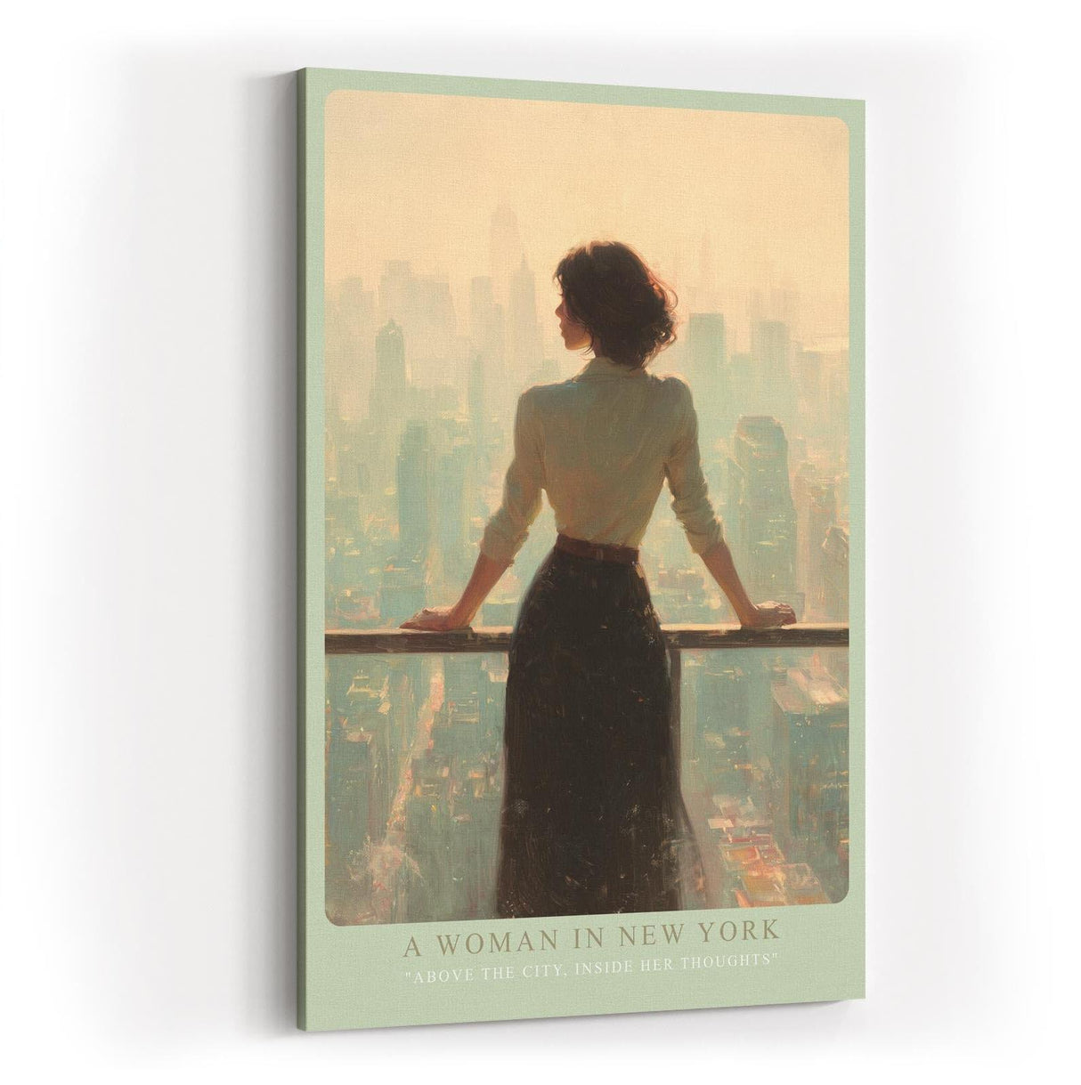 Paul Sinus Wandbild in 40x60cm A Woman in New York – Frau mit Blick auf Skyline im sanften Licht, elegantes Stadtmotiv mit nachdenklicher Stimmung