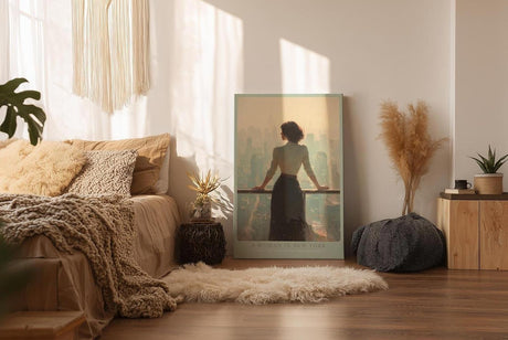 Paul Sinus Wandbild in 40x60cm A Woman in New York – Frau mit Blick auf Skyline im sanften Licht, elegantes Stadtmotiv mit nachdenklicher Stimmung