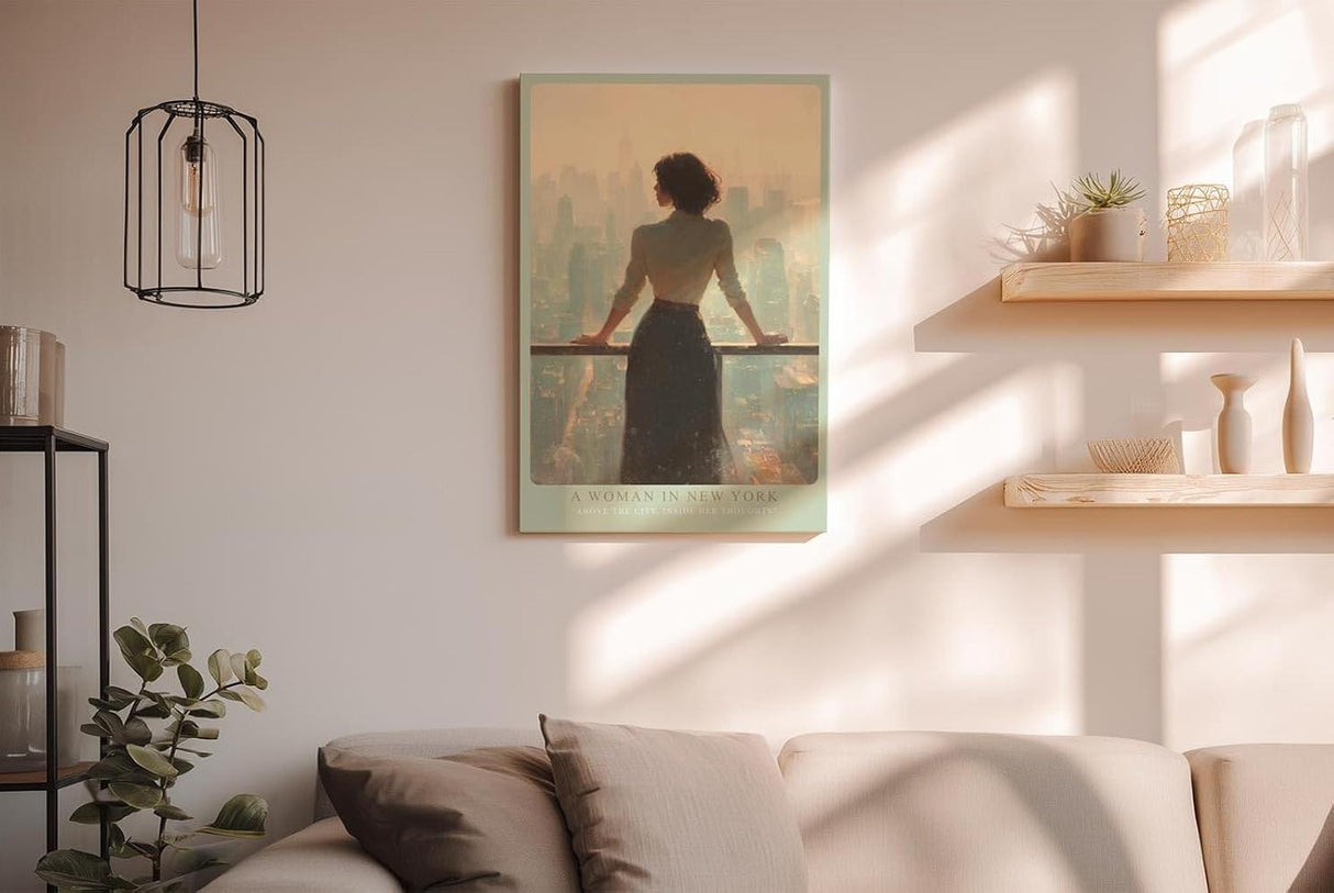 Paul Sinus Wandbild in 40x60cm A Woman in New York – Frau mit Blick auf Skyline im sanften Licht, elegantes Stadtmotiv mit nachdenklicher Stimmung