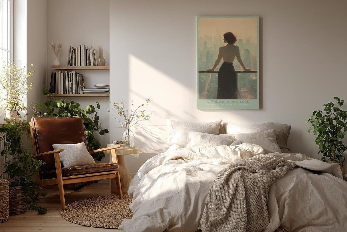 Paul Sinus Wandbild in 40x60cm A Woman in New York – Frau mit Blick auf Skyline im sanften Licht, elegantes Stadtmotiv mit nachdenklicher Stimmung