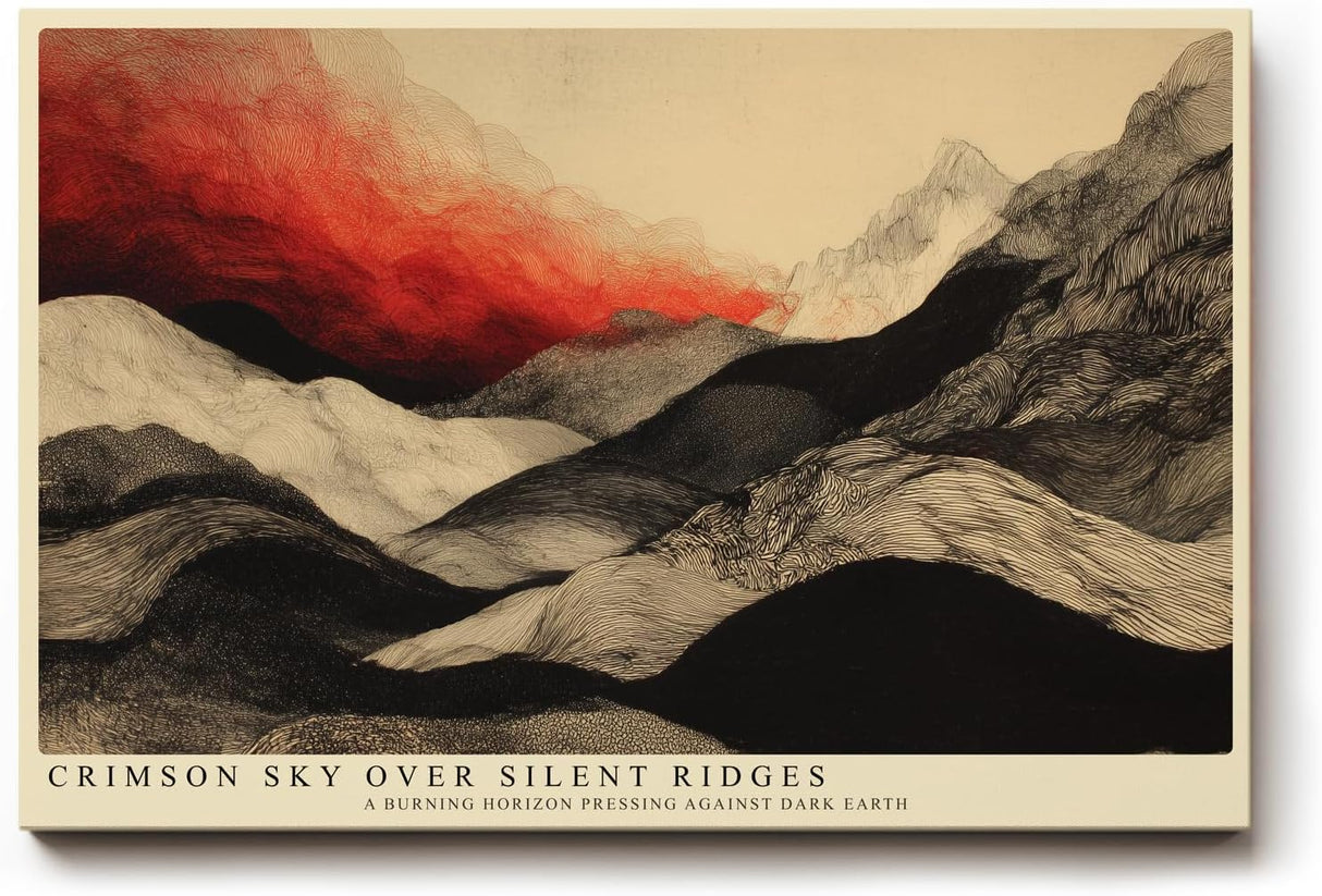 Paul Sinus Wandbild 120x80cm Abstrakte Berglandschaft roter Himmel moderne Landschaftskunst Wanddekoration Berge Kunst Wohnzimmer Schlafzimmer