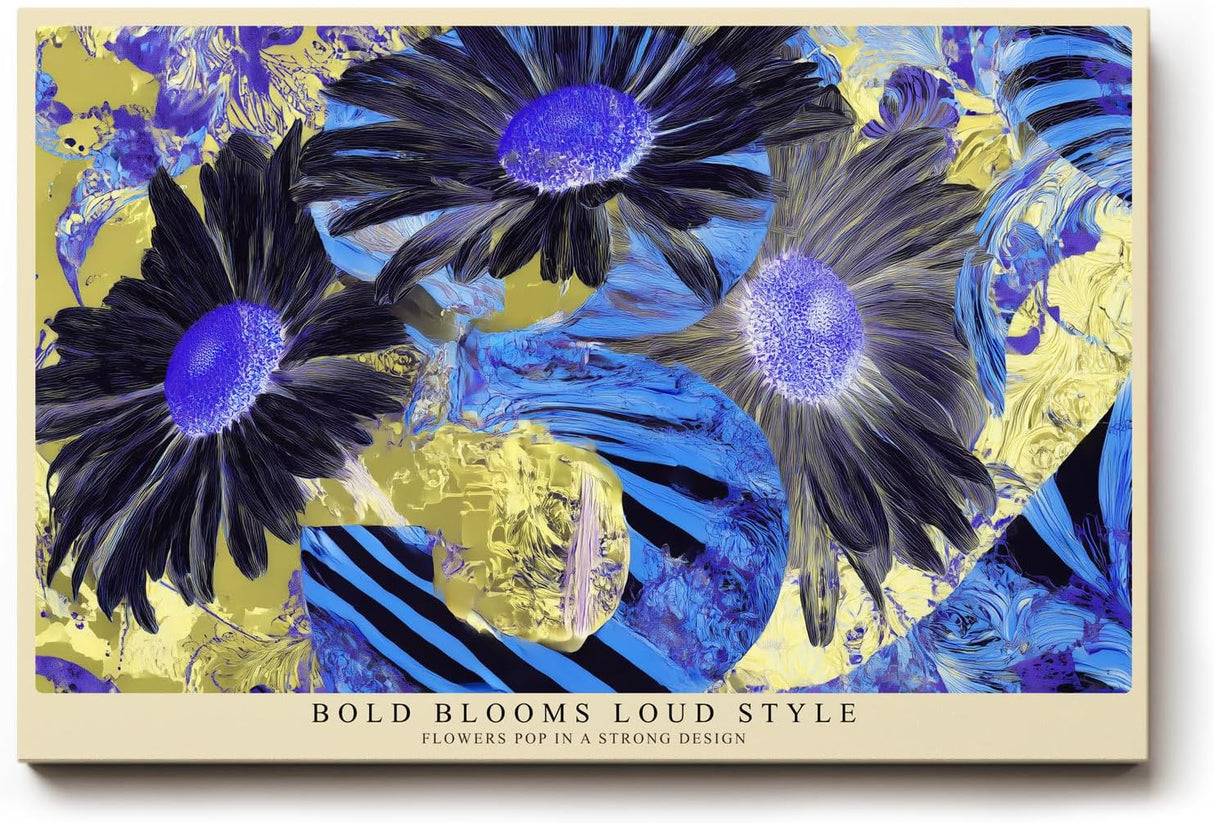 Paul Sinus Wandbild 120x80cm Abstrakte Blumen in kräftigen Farben – Modernes florales Kunstmotiv in Blau und Gelb für kreative Wohnräume