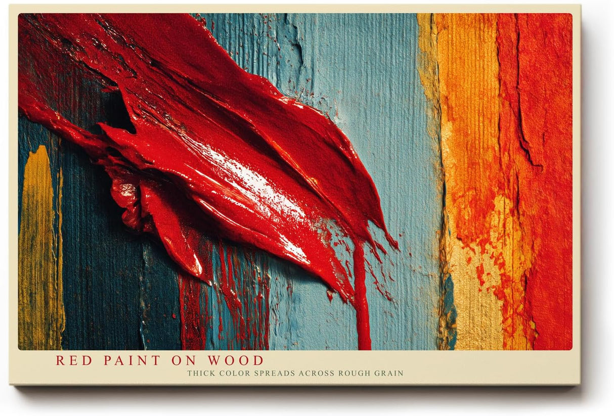 Paul Sinus Wandbild 120x80cm Abstrakte Farbstruktur Rot Blau Moderne Kunst auf Holzoptik fuer Wohnzimmer Büro und Loft
