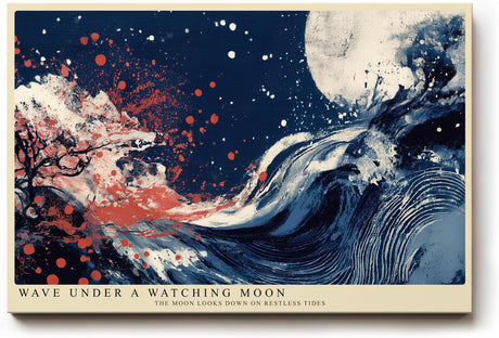 Paul Sinus Wandbild 120x80cm Abstrakte Welle unter Mond Japanisch inspirierte Meereskunst in Blau Rot fuer Wohnzimmer Schlafzimmer und Büro