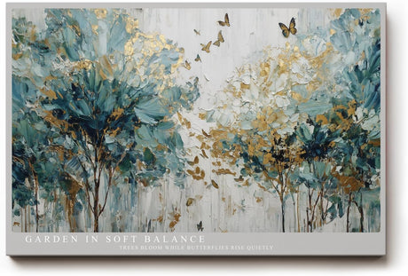 Paul Sinus Wandbild 120x80cm Abstrakter Garten Baeume Blumen Kunstmotiv Moderne Naturmalerei mit Schmetterlingen und sanften Farben