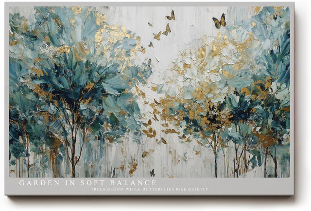 Paul Sinus Wandbild 120x80cm Abstrakter Garten Baeume Blumen Kunstmotiv Moderne Naturmalerei mit Schmetterlingen und sanften Farben