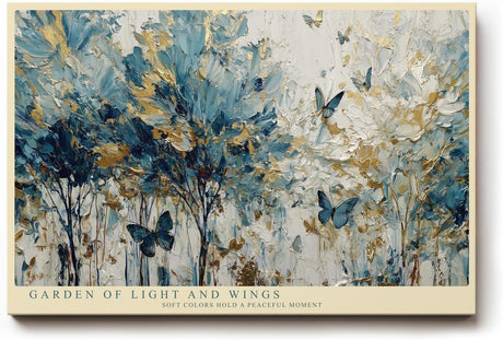Paul Sinus Wandbild 120x80cm Abstrakter Garten mit Schmetterlingen Blau Gold Natur Kunst Wanddekoration Wohnzimmer Schlafzimmer
