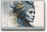 Paul Sinus Wandbild 120x80cm Abstraktes Frauenportraet Moderne Collagekunst in Blau und Gold Stilvolles Kunstbild fuer Wohnzimmer Schlafzimmer und Büro