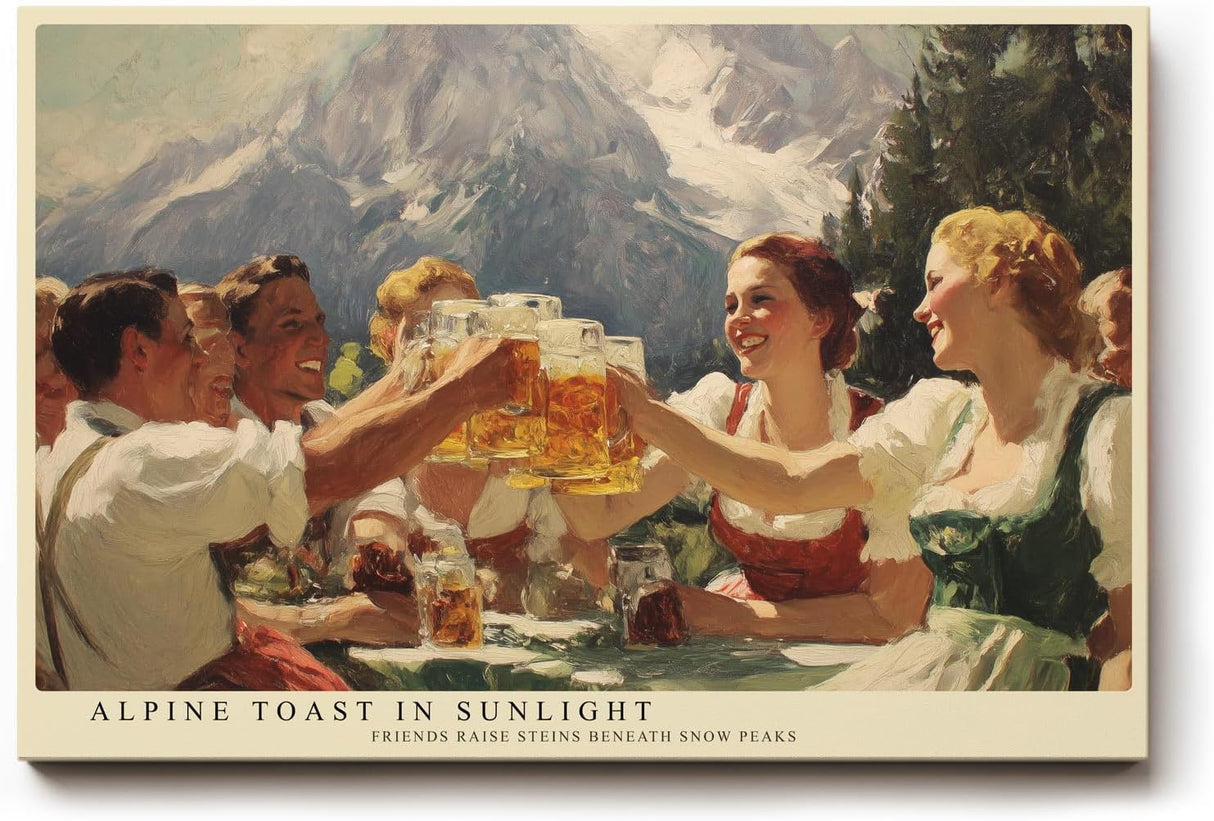 Paul Sinus Wandbild 120x80cm Alpen Biergarten Szene Berge Landschaft Kunstmotiv Gesellige Runde mit Bierkrügen vor alpiner Bergkulisse