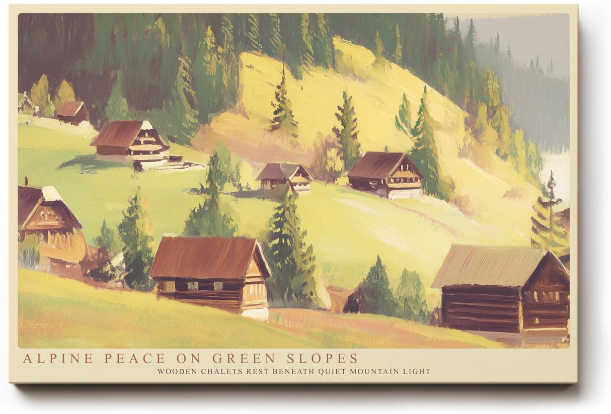 Paul Sinus Wandbild 120x80cm Alpenhuetten Berglandschaft Ruhige Natur Illustration mit Almhaeusern und Gruenen Berghaengen fuer Wohnzimmer und Schlafzimmer