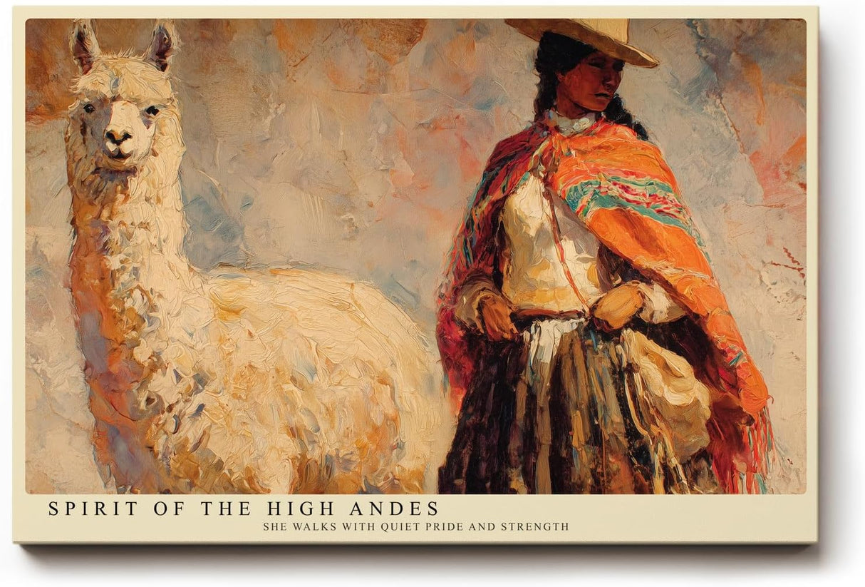 Paul Sinus Wandbild 120x80cm Anden Landschaft mit Frau und Alpaka Kunst in Warmen Farben für Wohnzimmer Büro und Flur
