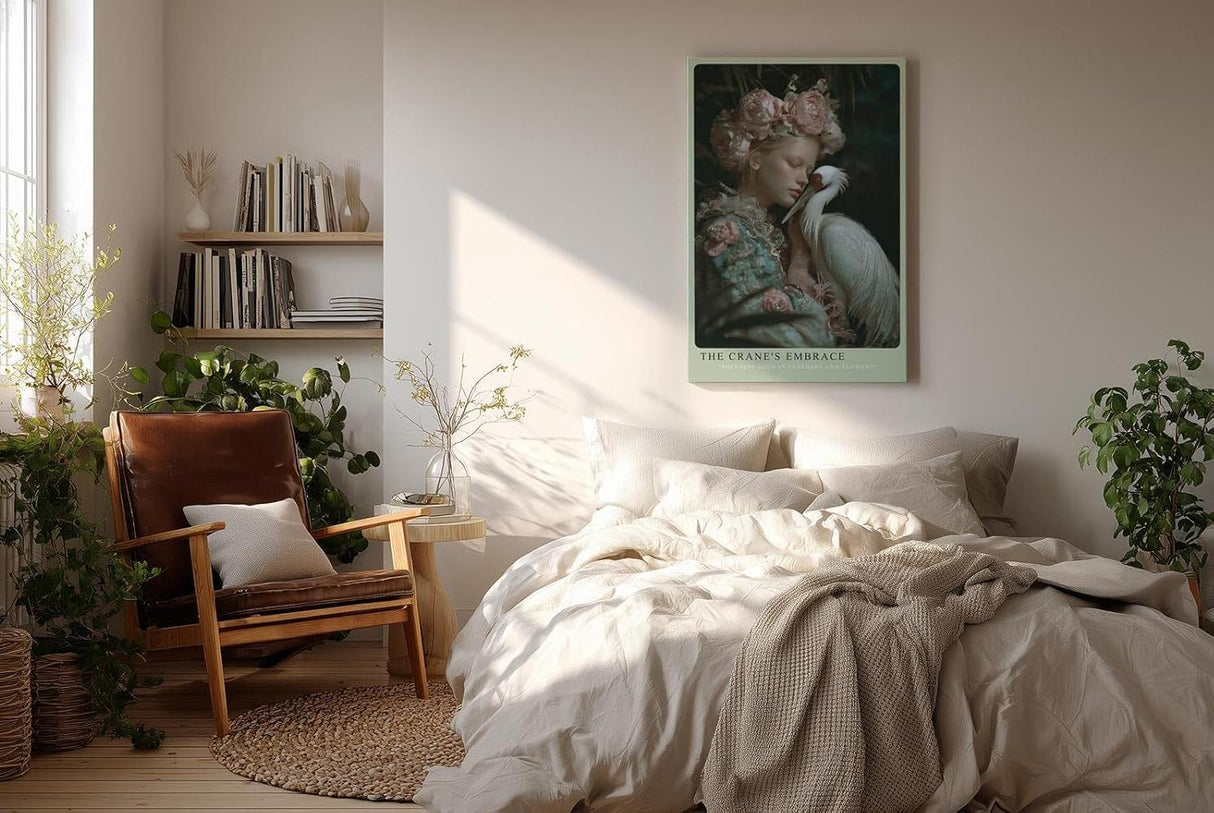 Paul Sinus Wandbild in 40x60cm Anmutige Frau mit Kranich und Blumenkrone in harmonischer Umarmung