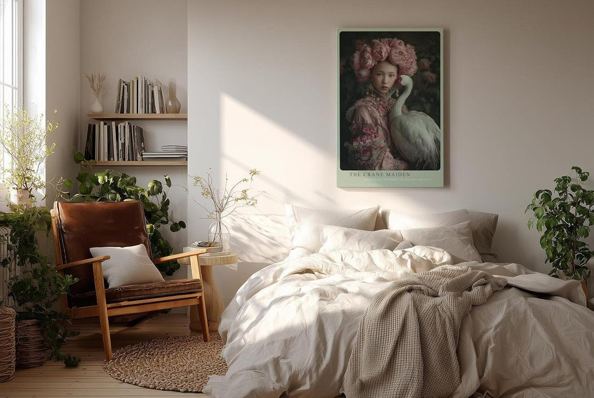 Paul Sinus Wandbild in 40x60cm Asiatische Schönheit mit Blumenkrone und Kranich in edler Pose
