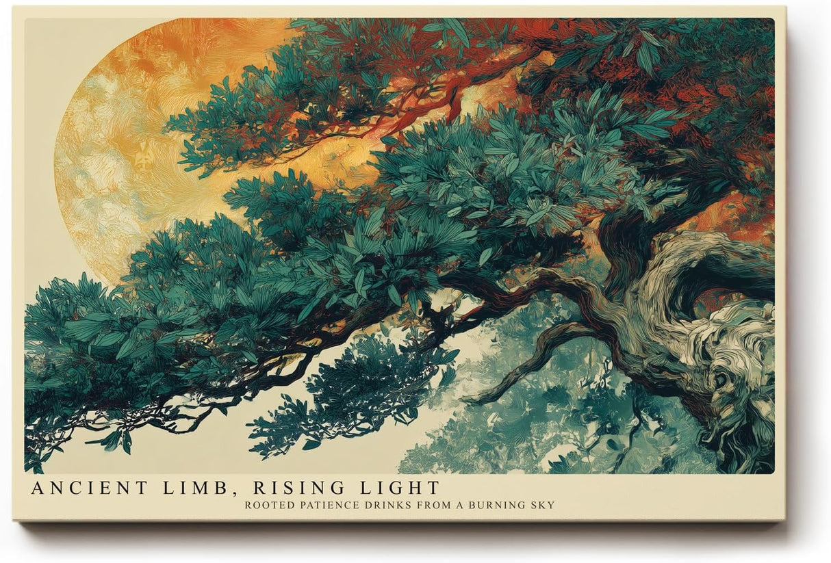 Paul Sinus Wandbild 120x80cm Asiatischer Baum mit Mond Landschaftskunst in Gruen Gold und Naturtoenen fuer ruhige Wohnräume