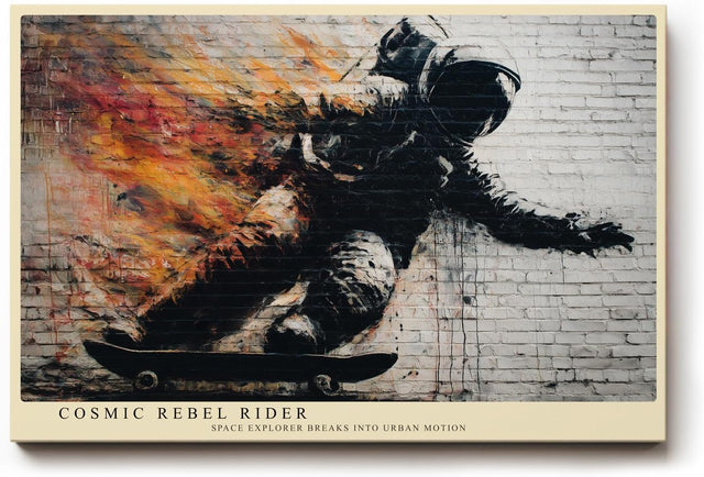 Paul Sinus Wandbild 120x80cm Astronaut Skateboard Street Art Feuer Effekt urban moderne Weltraum Kunst Kunstdruck grosses Wandbild 120x80cm kreative Wanddekoration fuer Wohnzimmer Jugendzimmer Büro