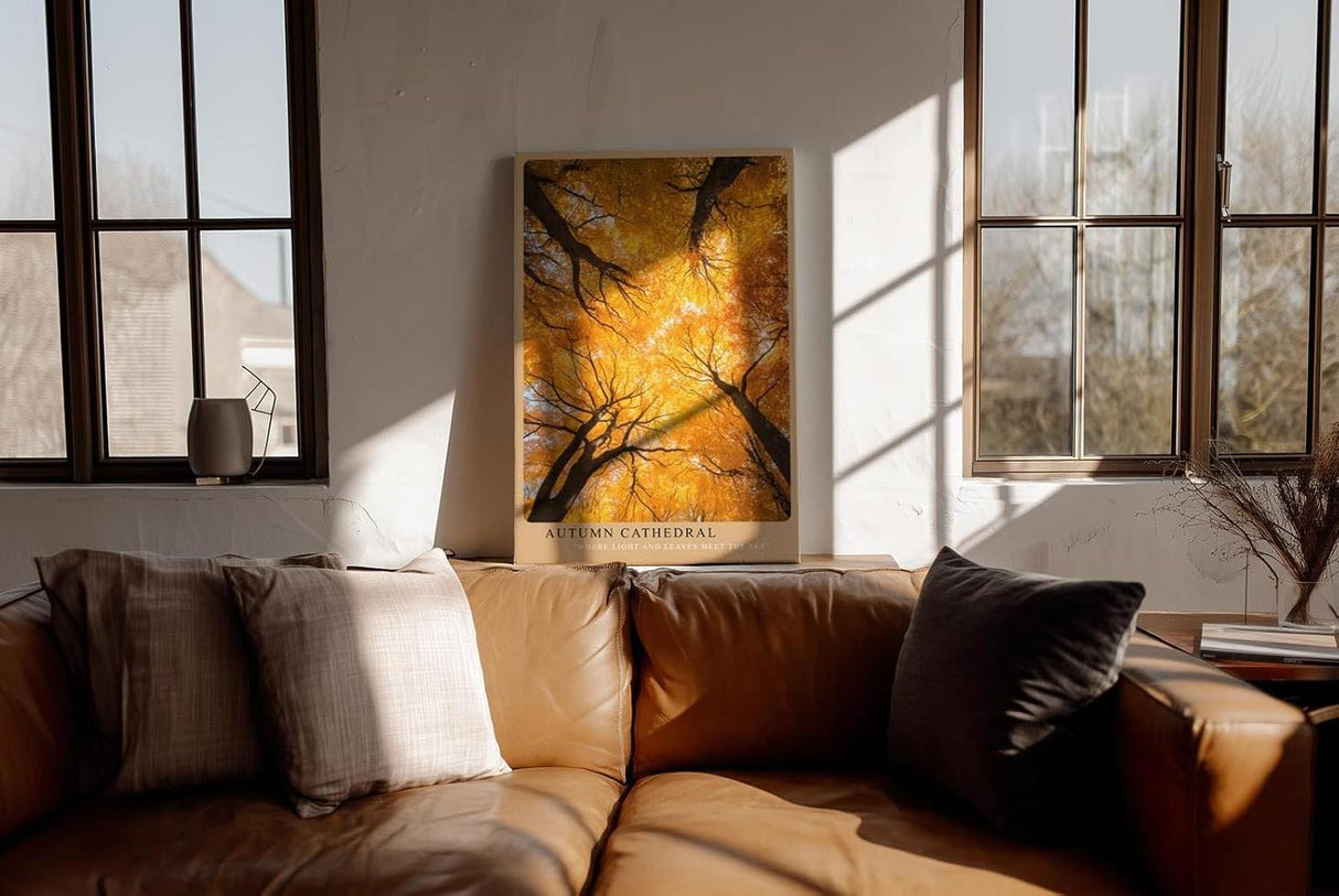 Paul Sinus Wandbild in 40x60cm Autumn Cathedral Goldgelbes Blätterdach aus der Froschperspektive mit strahlendem Sonnenlicht für herbstliche Raumakzente