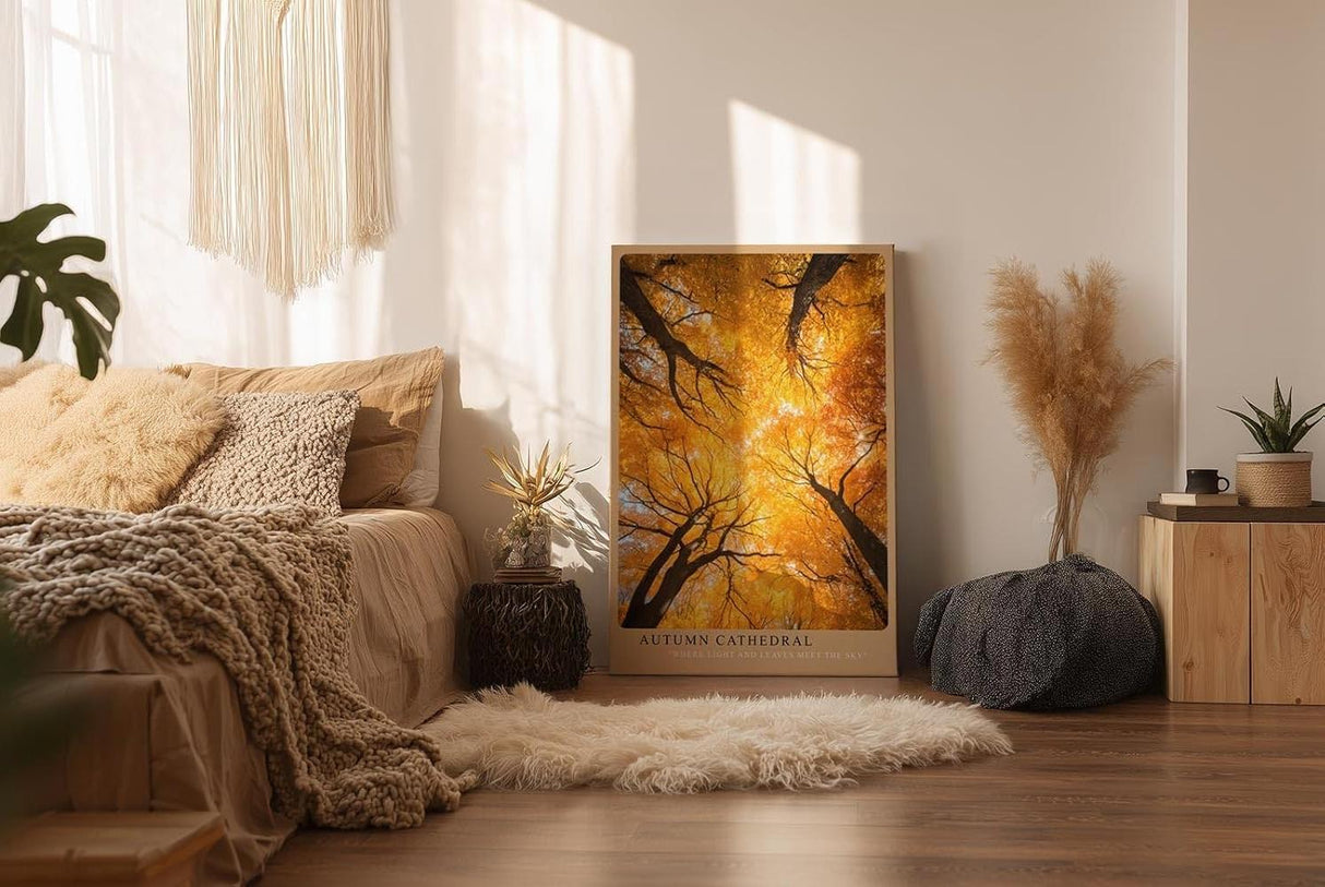 Paul Sinus Wandbild in 40x60cm Autumn Cathedral Goldgelbes Blätterdach aus der Froschperspektive mit strahlendem Sonnenlicht für herbstliche Raumakzente