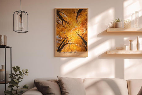 Paul Sinus Wandbild in 40x60cm Autumn Cathedral Goldgelbes Blätterdach aus der Froschperspektive mit strahlendem Sonnenlicht für herbstliche Raumakzente