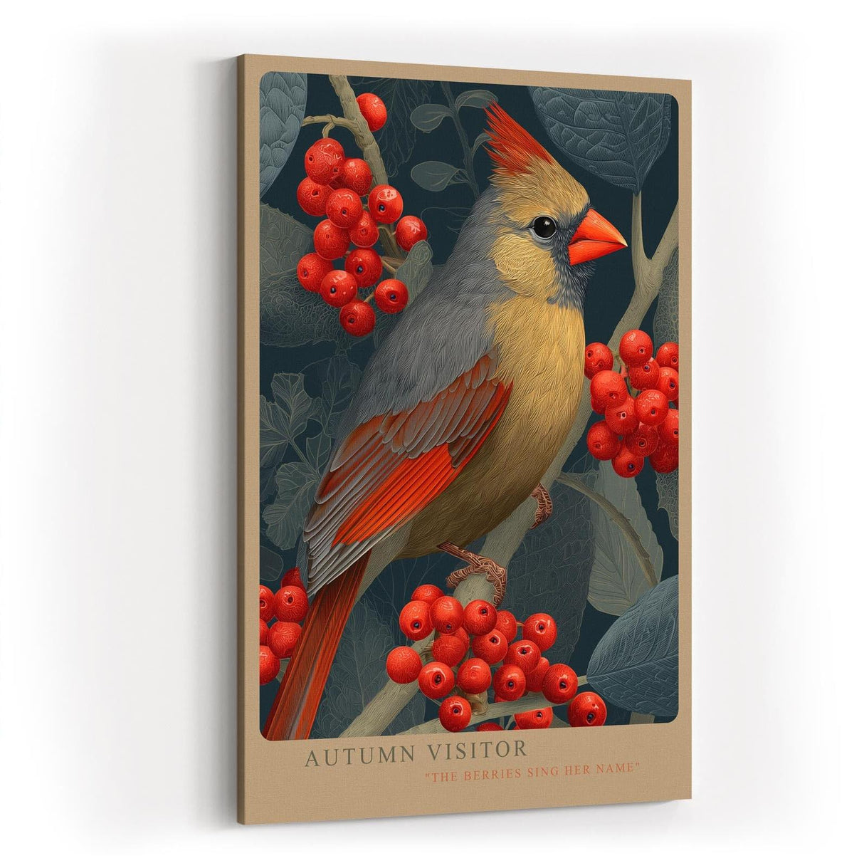 Paul Sinus Wandbild in 40x60cm Autumn Visitor – Detailreiche Darstellung eines farbenprächtigen Vogels zwischen leuchtend roten Beerenzweigen