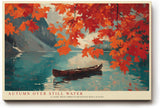 Paul Sinus Wandbild 120x80cm Autumn over Still Water Herbst Landschaft mit rotem Laub und Boot am See Natur Kunst Poster für Wohnzimmer Schlafzimmer