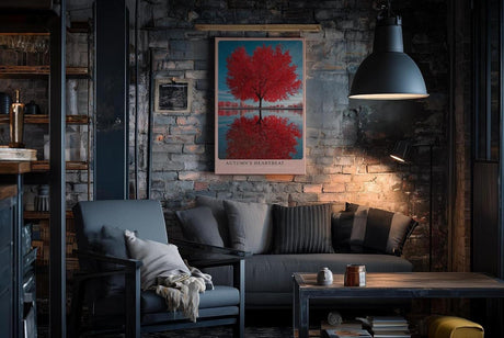 Paul Sinus Wandbild in 40x60cm Autumn's Heartbeat Roter Herbstbaum mit Spiegelung im Wasser unter blauem Himmel für elegante Wohnraumgestaltung