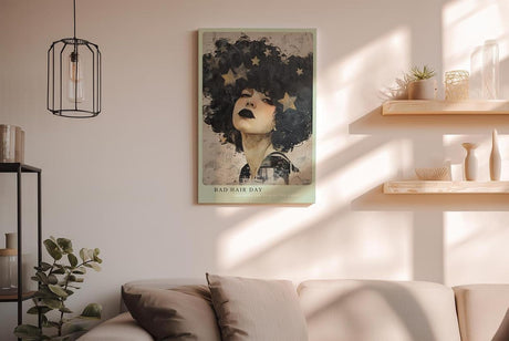 Paul Sinus Wandbild in 40x60cm Bad Hair Day ausdrucksstarkes Porträt einer Frau mit schwarzem Afro und goldenen Sternen
