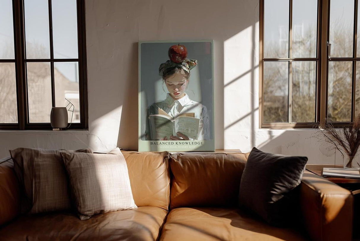 Paul Sinus Wandbild in 40x60cm Balanced Knowledge – Kreatives Porträt einer jungen Frau mit Apfel auf dem Kopf, vertieft ins Lesen, moderne Bilder mit ausdrucksstarker Komposition