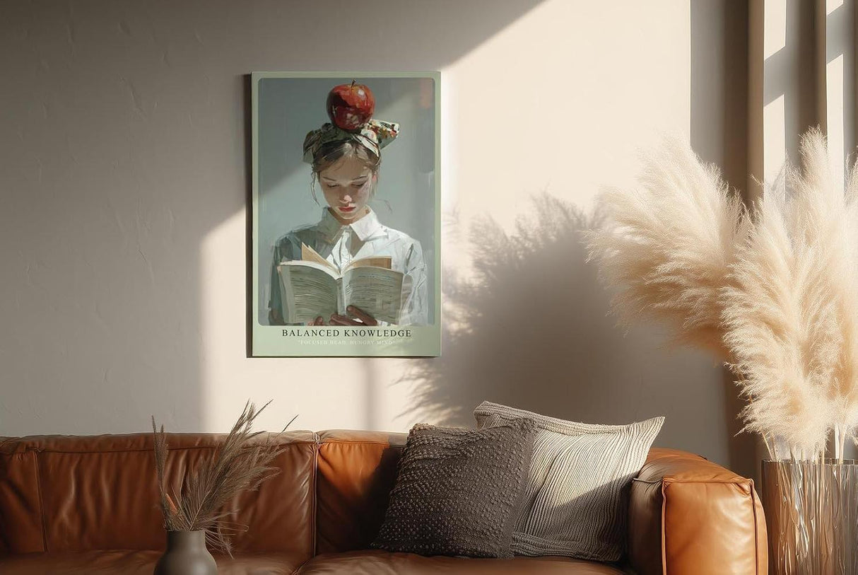 Paul Sinus Wandbild in 40x60cm Balanced Knowledge – Kreatives Porträt einer jungen Frau mit Apfel auf dem Kopf, vertieft ins Lesen, moderne Bilder mit ausdrucksstarker Komposition