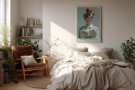 Paul Sinus Wandbild in 40x60cm Balanced Knowledge – Kreatives Porträt einer jungen Frau mit Apfel auf dem Kopf, vertieft ins Lesen, moderne Bilder mit ausdrucksstarker Komposition