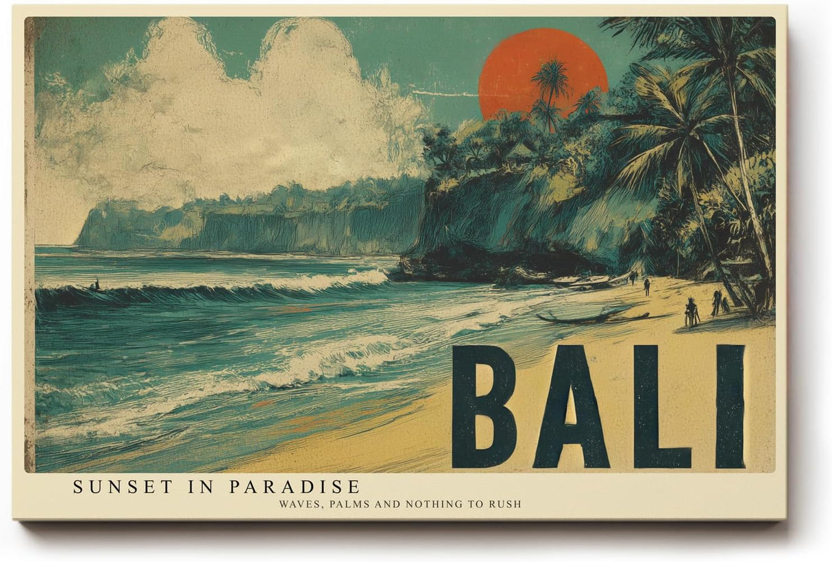 Paul Sinus Wandbild 120x80cm Bali Strand Landschaft tropische Kueste Vintage Reise bild stilvolle Urlaubs Wanddekoration fuer Wohnzimmer Büro