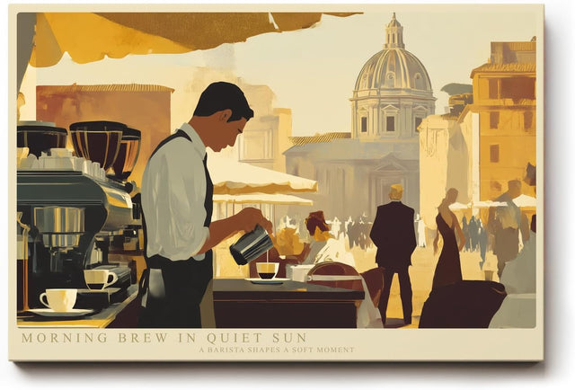 Paul Sinus Wandbild 120x80cm Barista im Morgenlicht urbane Cafe Szene mit mediterranem Flair