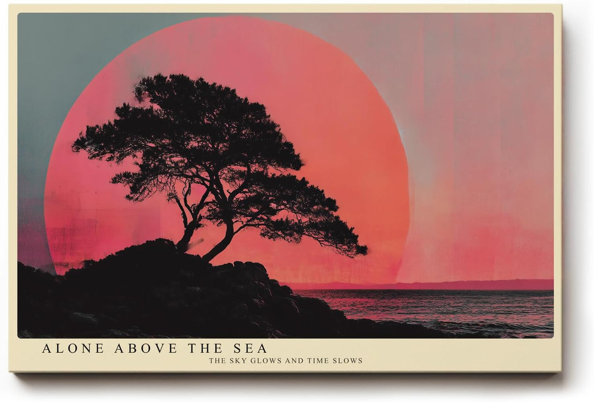 Paul Sinus Wandbild 120x80cm Baum Silhouette am Meer Roter Sonnenuntergang Minimalistische Landschaft Kunst Wanddekoration