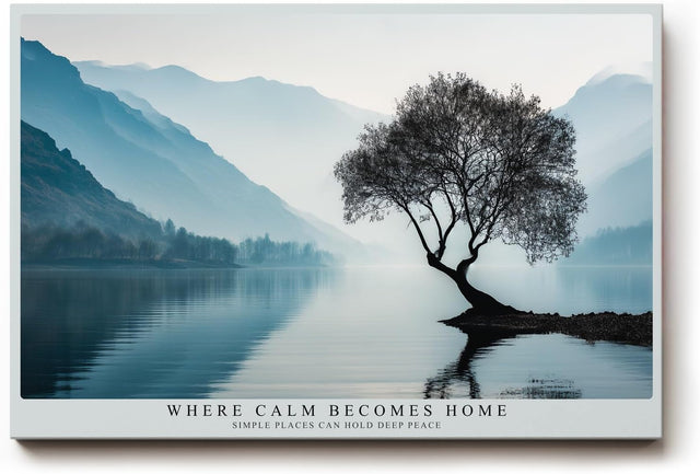 Paul Sinus Wandbild 120x80cm Baum am stillen See Nebel Gebirgslandschaft ruhige Naturfotografie minimalistische Wanddekoration fuer Wohnzimmer Büro