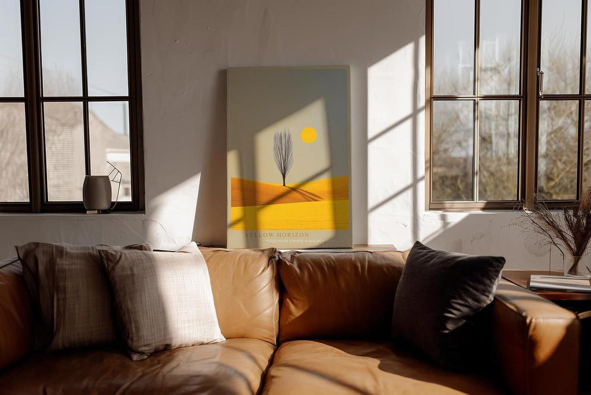 Paul Sinus Wandbild in 40x60cm Baum auf goldgelbem Feld mit Sonne – minimalistisches Landschaftsmotiv für moderne Raumgestaltung